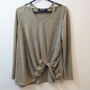 YOINS Yours Inspiration Oatmeal Front Knot Long Sleeve Sweater Top, Womens Small